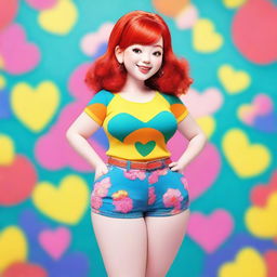 A short red-haired girl with a very plump figure, standing confidently with a cheerful expression