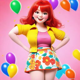 A short red-haired girl with a very plump figure, standing confidently with a cheerful expression