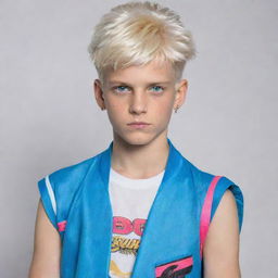 A 12-year-old boy with rebellious, platinum hair, modern cut, and vivid blue eyes. His athletic posture is evident, embodying an 80s style with vivid, retro clothes and accessories.