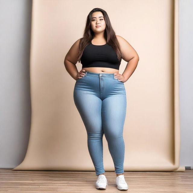 A girl with a very large and plump posterior, standing in a casual pose