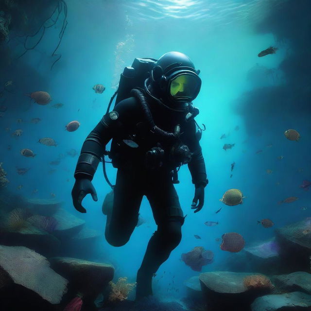 A helmet diver underwater in a dark fantasy setting