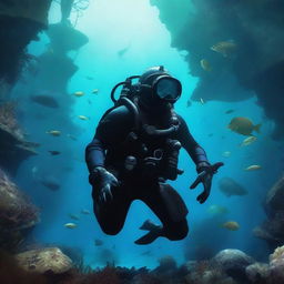 A helmet diver underwater in a dark fantasy setting