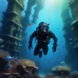 A helmet diver underwater in a dark fantasy setting