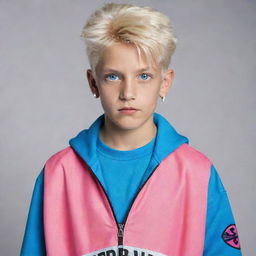 A 12-year-old boy with rebellious, platinum hair, modern cut, and vivid blue eyes. His athletic posture is evident, embodying an 80s style with vivid, retro clothes and accessories.