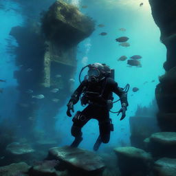 A helmet diver underwater in a dark fantasy setting