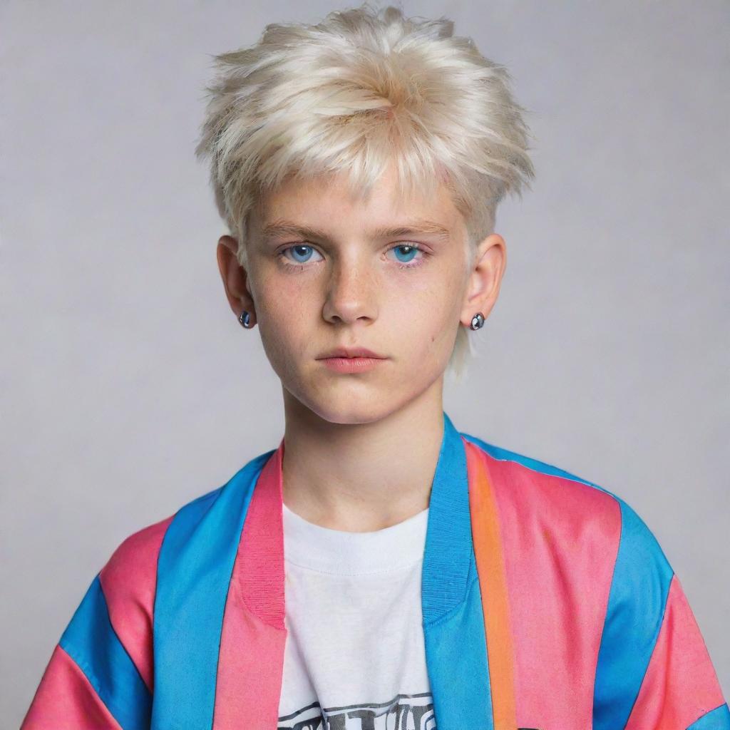 A 12-year-old boy with rebellious, platinum hair, modern cut, and vivid blue eyes. His athletic posture is evident, embodying an 80s style with vivid, retro clothes and accessories.