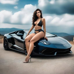 A sexy woman posing for a photo on top of a Lamborghini car