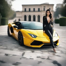 A sexy woman posing for a photo on top of a Lamborghini car