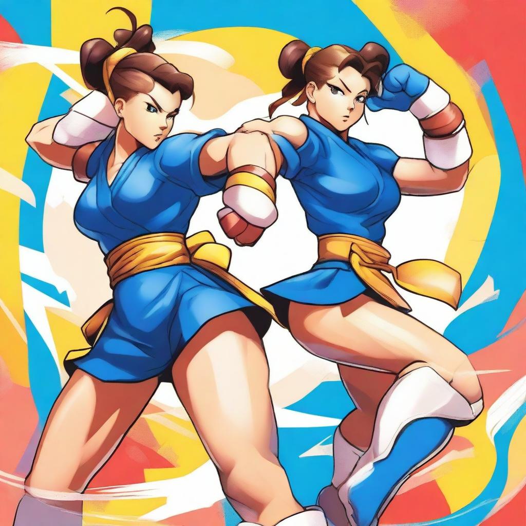 A detailed and dynamic illustration featuring Chun Li and Cammy White from Street Fighter in action poses, showcasing their strength and agility