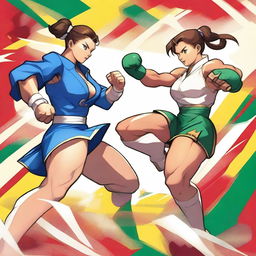 A detailed and dynamic illustration featuring Chun Li and Cammy White from Street Fighter in action poses, showcasing their strength and agility