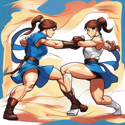 A detailed and dynamic illustration featuring Chun Li and Cammy White from Street Fighter in action poses, showcasing their strength and agility