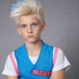 A 12-year-old boy with rebellious, platinum hair, modern cut, and vivid blue eyes. His athletic posture is evident, embodying an 80s style with vivid, retro clothes and accessories.