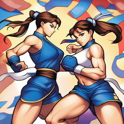 A detailed and dynamic illustration featuring Chun Li and Cammy White from Street Fighter in action poses, showcasing their strength and agility