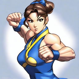 Create an image of Chun Li from Street Fighter, emphasizing her strong and athletic build