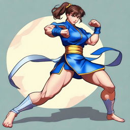 Create an image of Chun Li from Street Fighter, emphasizing her strong and athletic build