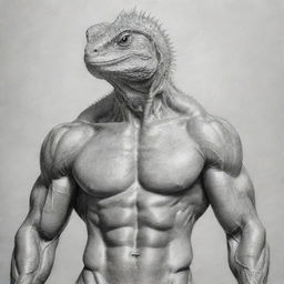 A pencil sketch of a muscular human body with the head of a lizard ready for coloring.