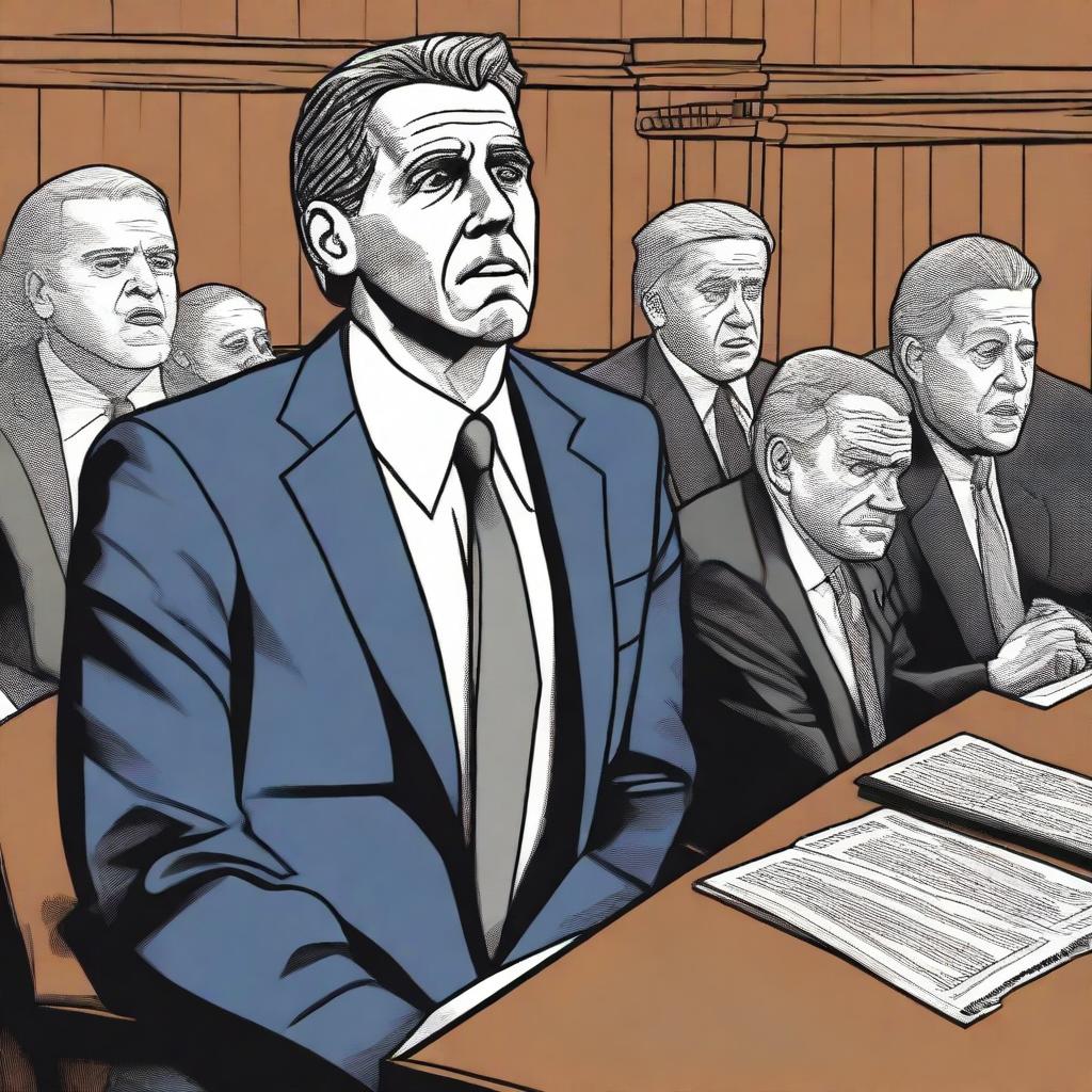 A detailed illustration capturing Comer's reaction to the Hunter Biden gun trial verdict, set in a courtroom