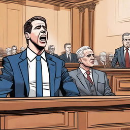 A detailed illustration capturing Comer's reaction to the Hunter Biden gun trial verdict, set in a courtroom