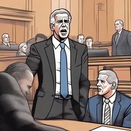 A detailed illustration capturing Comer's reaction to the Hunter Biden gun trial verdict, set in a courtroom