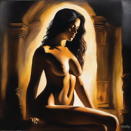 A shadow play featuring a beautiful young woman with a fit and voluptuous body, illuminated by rim light in a dark, dreamy atmosphere