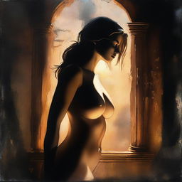 A shadow play featuring a beautiful young woman with a fit and voluptuous body, illuminated by rim light in a dark, dreamy atmosphere