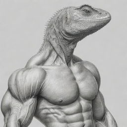 A pencil sketch of a muscular human body with the head of a lizard ready for coloring.