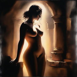 A shadow play featuring a beautiful young woman with a fit and voluptuous body, illuminated by rim light in a dark, dreamy atmosphere