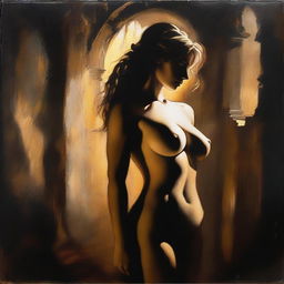 A shadow play featuring a beautiful young woman with a fit and voluptuous body, illuminated by rim light in a dark, dreamy atmosphere