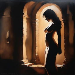 A shadow play featuring a beautiful young woman with a fit and voluptuous body, illuminated by rim light in a dark, dreamy atmosphere