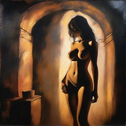 A shadow play featuring a beautiful young woman with a fit and voluptuous body, illuminated by rim light in a dark, dreamy atmosphere