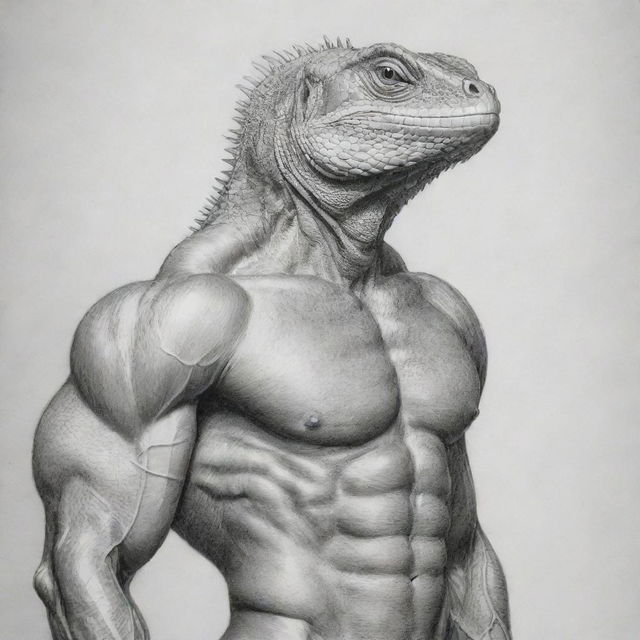 A pencil sketch of a muscular human body with the head of a lizard ready for coloring.