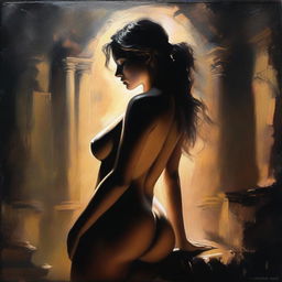 A shadow play featuring a beautiful young woman with a fit and voluptuous body, illuminated by rim light in a dark, dreamy atmosphere