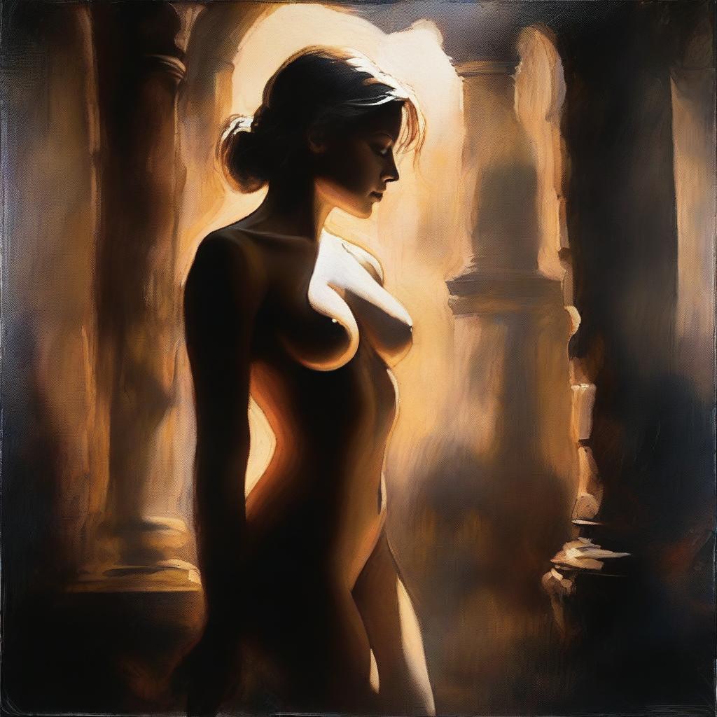 A shadow play featuring a beautiful young woman with a fit and voluptuous body, illuminated by rim light in a dark, dreamy atmosphere