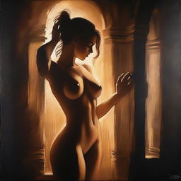 A shadow play featuring a beautiful young woman with a fit and voluptuous body, illuminated by rim light in a dark, dreamy atmosphere