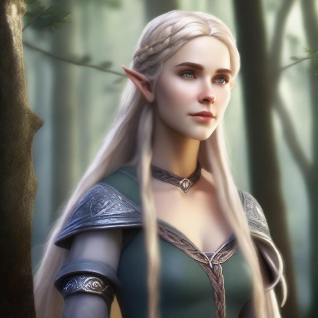 A tall and strong half-elf woman with pointed ears, long braided blonde hair, and grey eyes