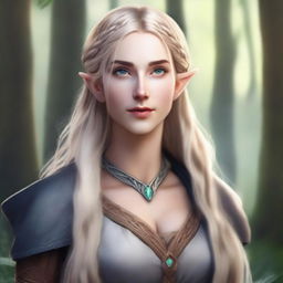 A tall and strong half-elf woman with pointed ears, long braided blonde hair, and grey eyes