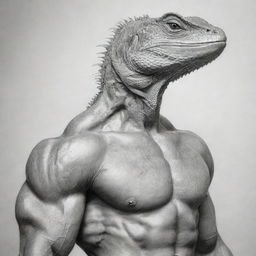 A pencil sketch of a muscular human body with the head of a lizard ready for coloring.