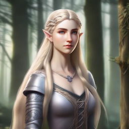 A tall and strong half-elf woman with pointed ears, long braided blonde hair, and grey eyes