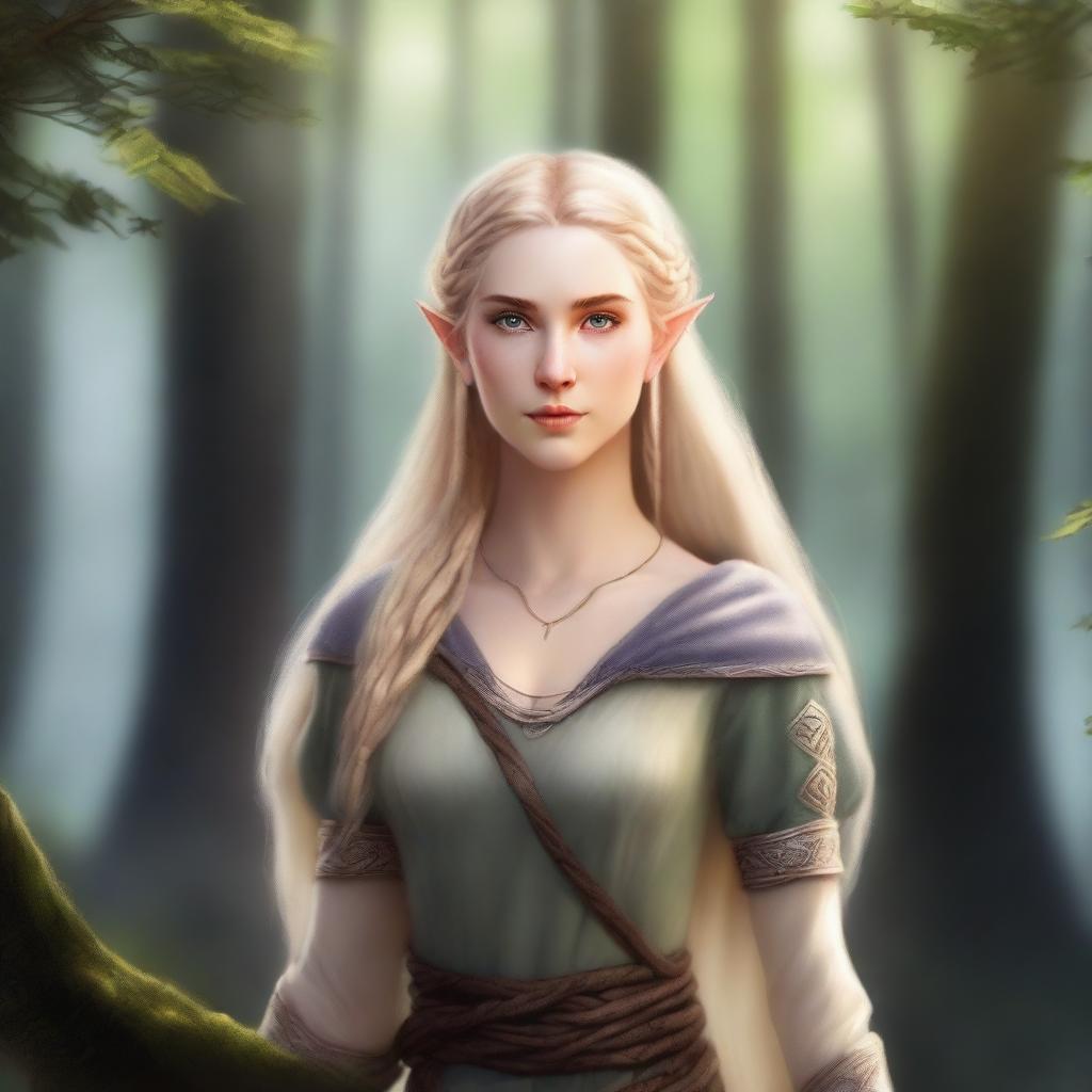 A tall and strong half-elf woman with pointed ears, long braided blonde hair, and grey eyes