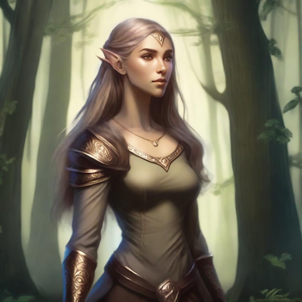 A tall and strong half-elf woman with pointed ears, dark blonde long hair, honey-colored eyes, and brown skin