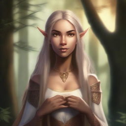 A tall and strong half-elf woman with pointed ears, dark blonde long hair, honey-colored eyes, and brown skin