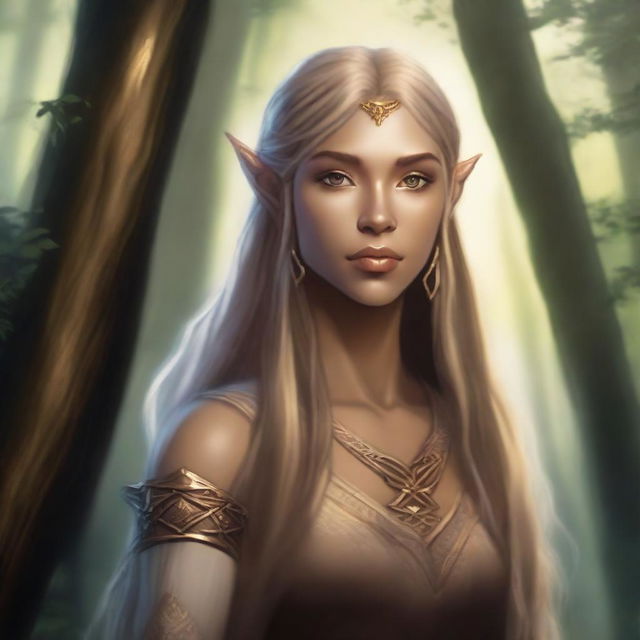 A tall and strong half-elf woman with pointed ears, dark blonde long hair, honey-colored eyes, and brown skin