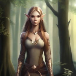 A tall and strong half-elf woman with pointed ears, dark blonde long hair, honey-colored eyes, and brown skin