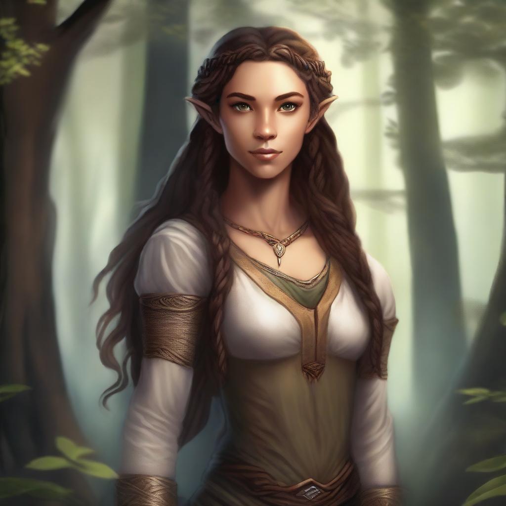 A tall and strong half-elf woman with dark blonde long braided hair, honey-colored eyes, and brown skin