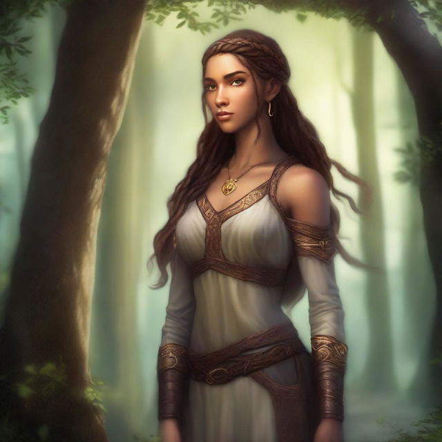 A tall and strong half-elf woman with dark blonde long braided hair, honey-colored eyes, and brown skin