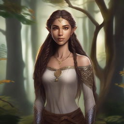 A tall and strong half-elf woman with dark blonde long braided hair, honey-colored eyes, and brown skin