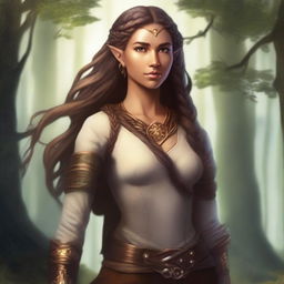 A tall and strong half-elf woman with dark blonde long braided hair, honey-colored eyes, and brown skin