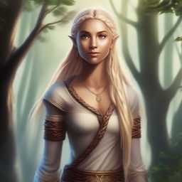 A tall and strong half-elf woman with long braided blonde hair, honey-colored eyes, and brown skin