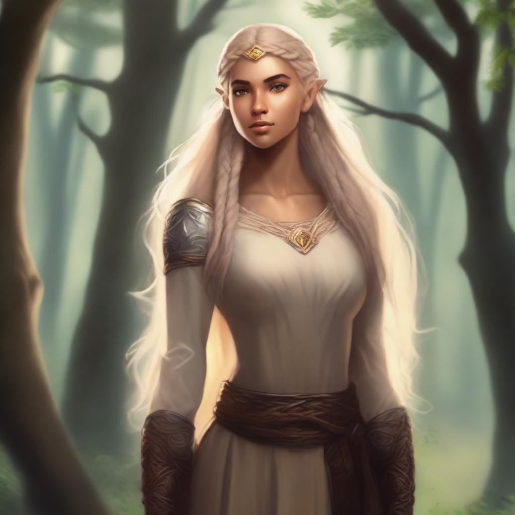 A tall and strong half-elf woman with long braided blonde hair, honey-colored eyes, and brown skin