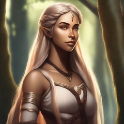 A tall and strong half-elf woman with long braided blonde hair, honey-colored eyes, and brown skin